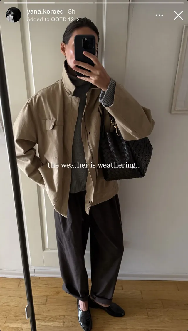 Neutral monochromatic fashion mirror selfie, minimal, photographic, light
