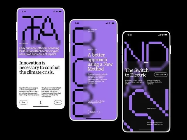 Pixelated mobile screens with purple gradient UI, dark-mode, geometric, dark