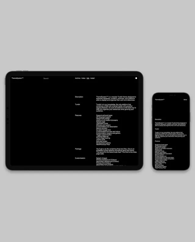 ThemeSystem Tumblr theme documentation site, dark-mode, minimal, dark