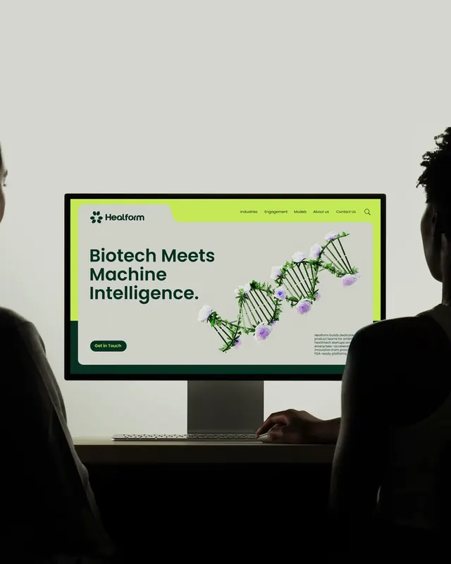 Monitor screen with DNA helix and lime headline, minimal, corporate-clean, light