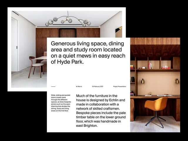 Luxury real estate presentation with wood interior and descriptive copy, minimal, photographic, light