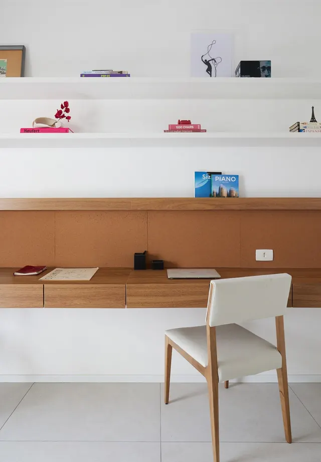 Minimalist desk shelf styling with warm wood and white tones, minimal, boxed, warm