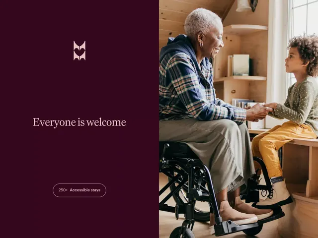 Split layout with accessibility messaging and inclusive photography, corporate-clean, minimal, dark
