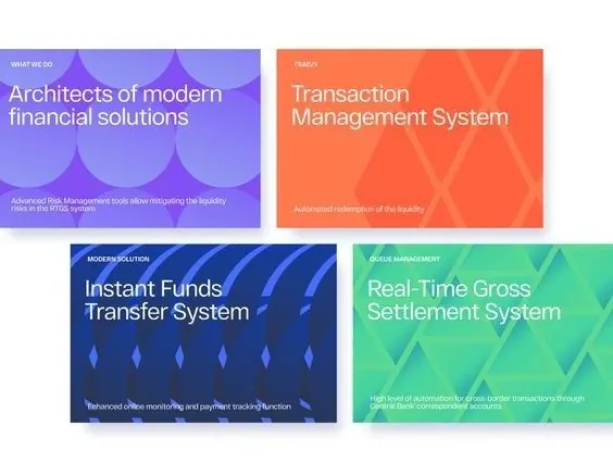 Four-panel fintech service cards with wave patterns, flat, geometric, vibrant