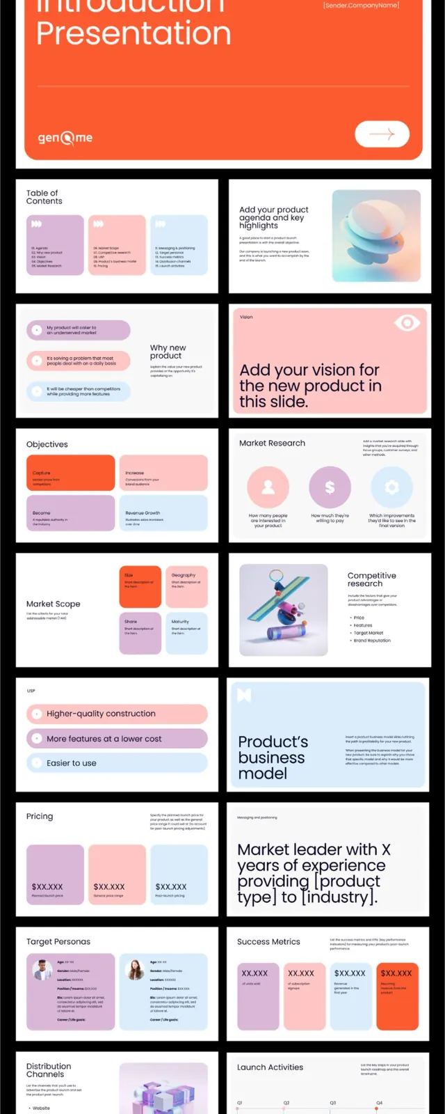 Product launch deck template, minimal, geometric, vibrant
