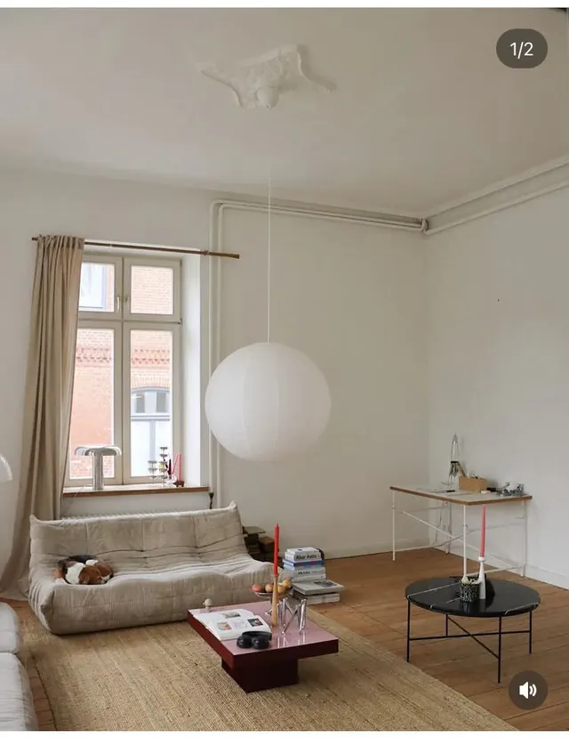Japandi interior with floating light pendant, minimal, organic, light