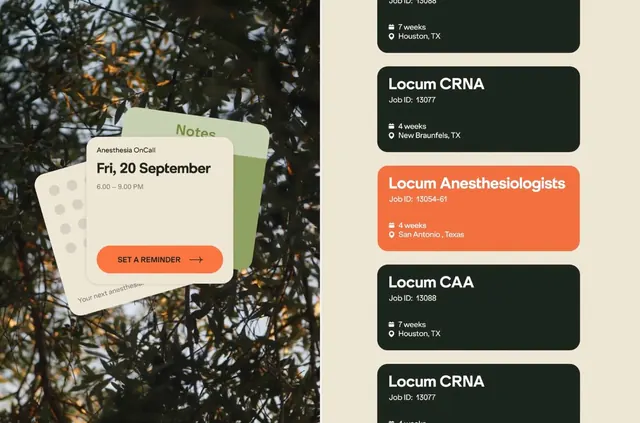 Healthcare job listings card UI, minimal, flat, dark