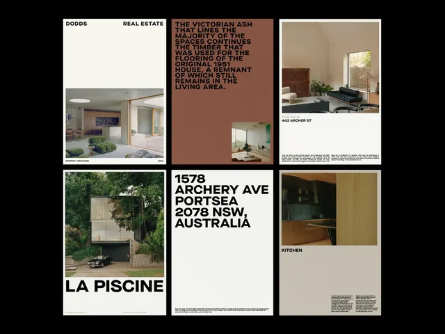 Real estate portfolio grid layout, editorial, photographic, dark