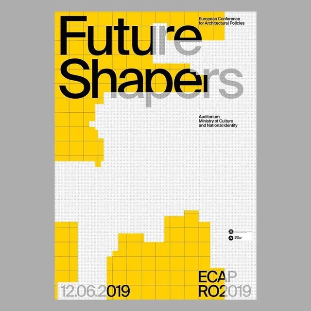 Future Shapers conference poster, minimal, geometric, light