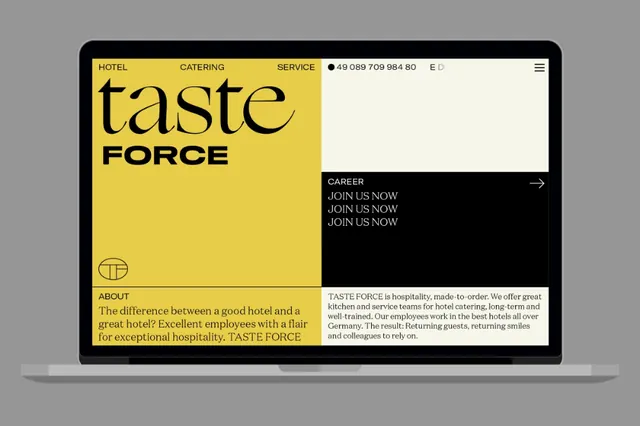 Taste Force hospitality brand website split layout, minimal, swiss, high-contrast