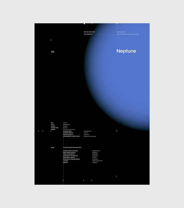 Neptune infographic with blue gradient sphere and data specs, minimal, dark-mode, dark
