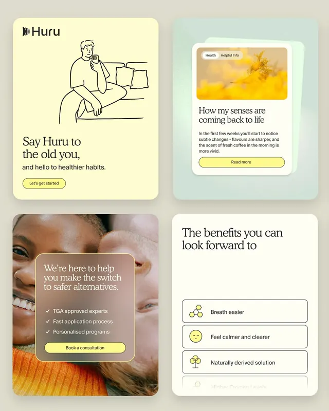 Huru wellness app cards with warm tone, minimal, playful, light