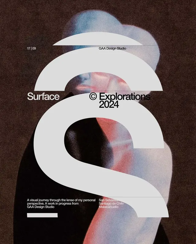 Surface Explorations 2024 poster with blurred organic overlays, abstract, minimal, dark
