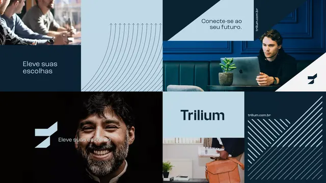 Trilium tech branding with geometric arrows and portraits, minimal, corporate-clean, cool