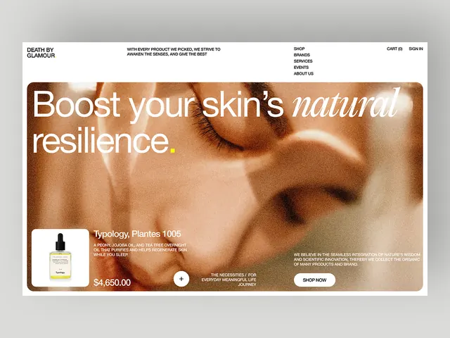 Skincare brand hero with warm imagery, photographic, organic, warm