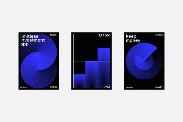 Tardix fintech app screens with organic shape branding, minimal, gradient-heavy, vibrant
