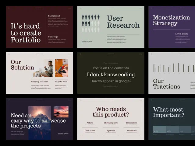 9-slide dark presentation deck grid, minimal, corporate-clean, dark