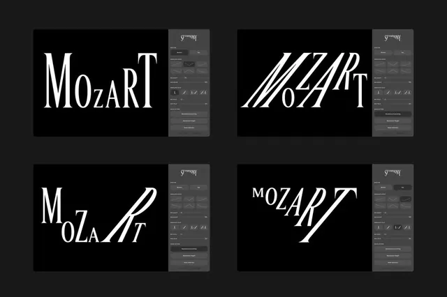 Mozart logotype studies with typeface variations, minimal, editorial, monochrome