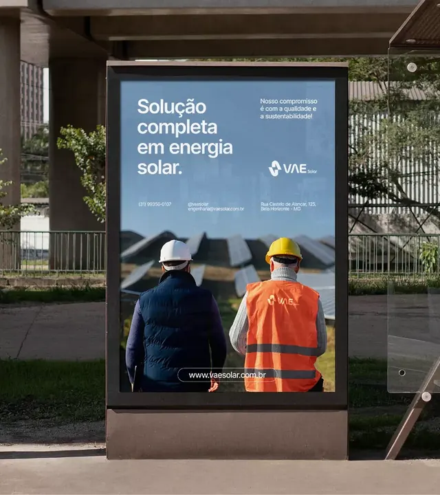 Solar billboard with field workers and blue headline, corporate-clean, minimal, light