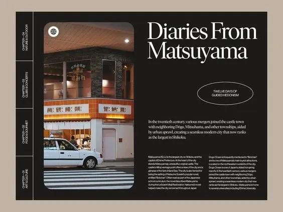 Editorial magazine spread with storefront photography and serif typography, editorial, minimal, muted