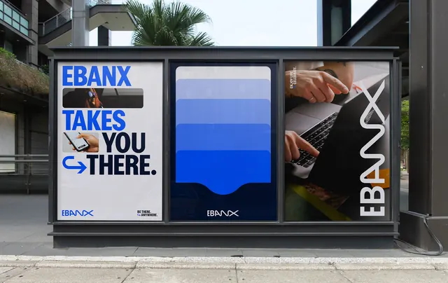 EBANX street billboard three-panel layout, minimal, corporate-clean, light