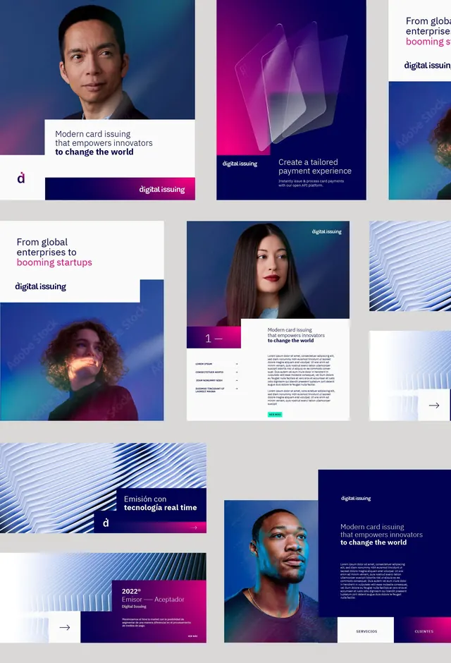 Fintech marketing slide deck with gradient portraits, minimal, geometric, dark