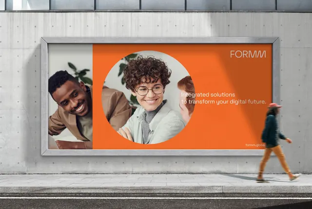 Outdoor billboard with circular portrait photography and orange branding, minimal, geometric, vibrant