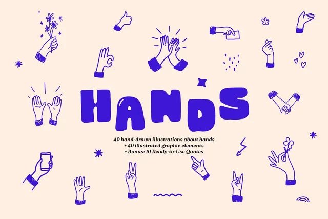 Hands illustration asset pack with gesture library and decorative elements, illustrated, playful, vibrant