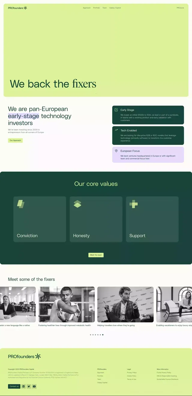 PROfounders VC landing page with lime banner and value cards, minimal, corporate-clean, light