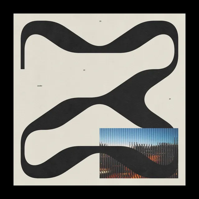 Abstract black ribbon forms with sunset bars inset, minimal, abstract, dark