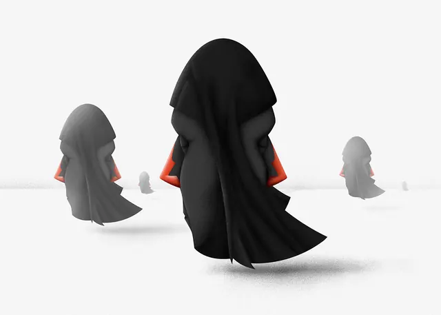 Floating black cloaked figures with red lining in fog, minimal, 3d-render, dark