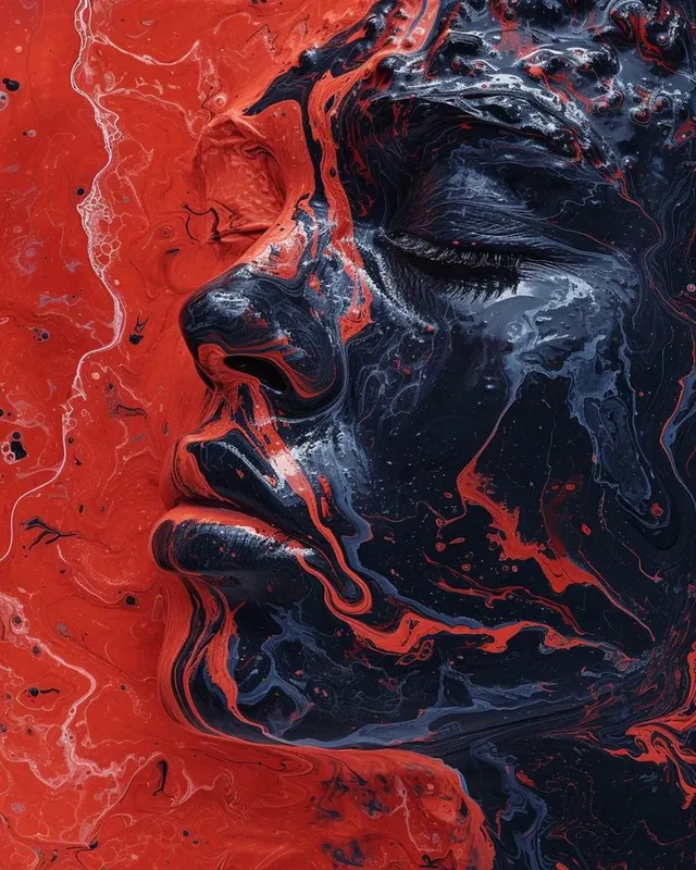 Fluid art portrait of face in red and black paint, abstract, illustrated, vibrant