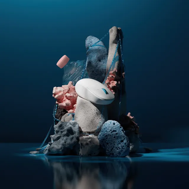 Ocean plastic mouse in coral and rock still life, 3d-render, minimal, dark