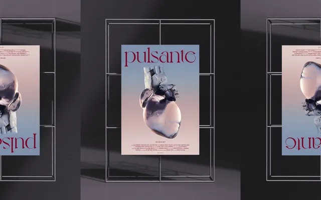 Pulsante heart poster in gallery installation, 3d-render, minimal, light