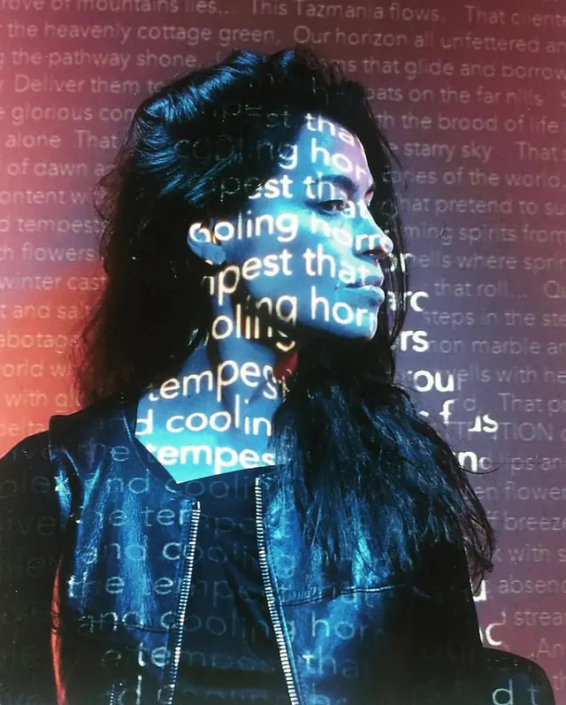 Glitch Portrait with Text Overlay, maximalist, brutalist, high-contrast