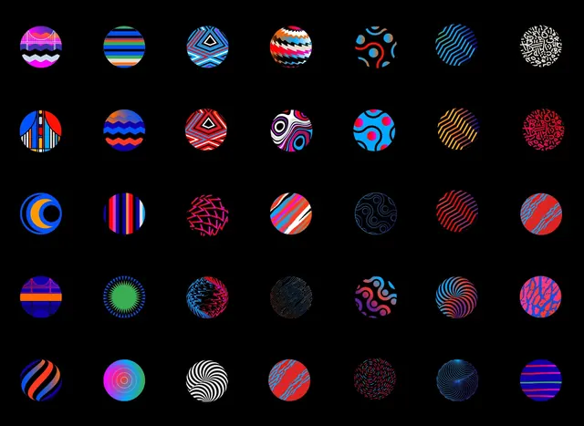 Grid of colorful abstract circular patterns, abstract, geometric, vibrant