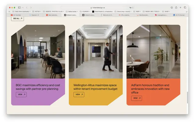 Interior design services grid with accent cards, minimal, corporate-clean, light