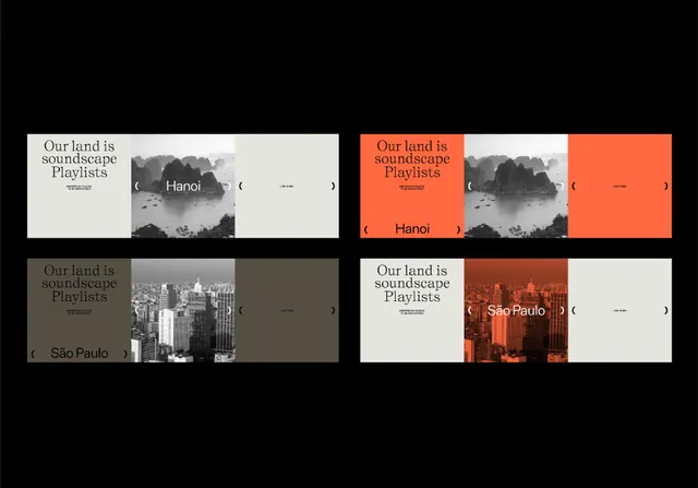 Soundscape playlist card grid with photo and color blocking, minimal, abstract, dark