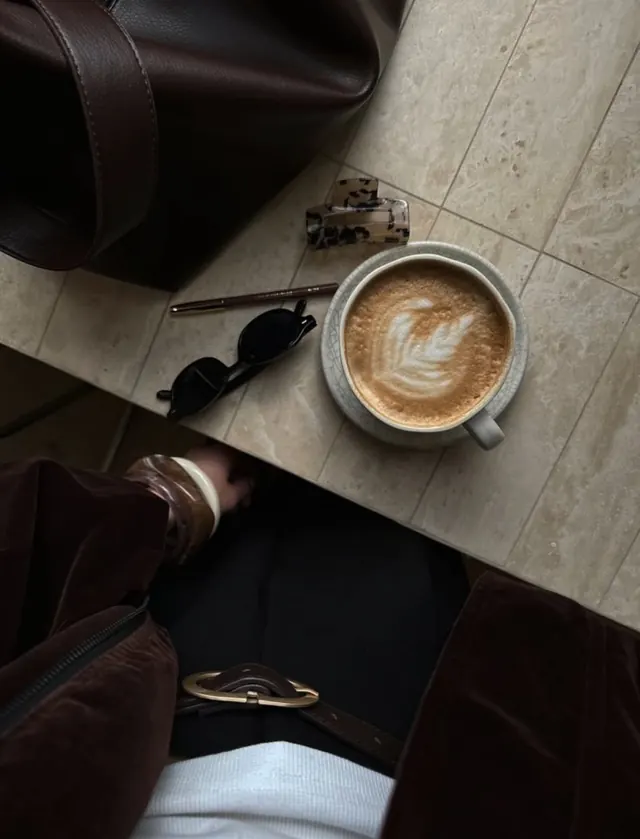 Overhead flat-lay coffee and leather styling, minimal, luxury, dark