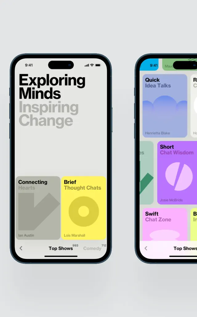 Podcast app with color-blocked show cards, minimal, flat, light