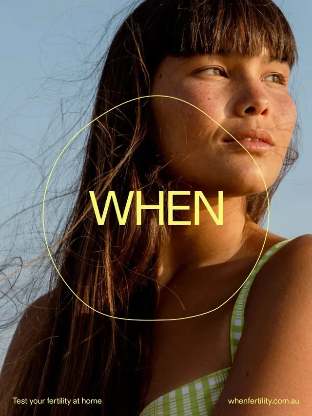 Portrait campaign with geometric text frame, minimal, photographic, light