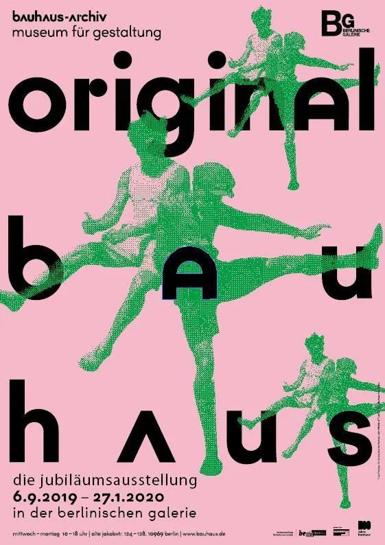 Bauhaus Archive exhibition poster with halftone figures, geometric, editorial, vibrant