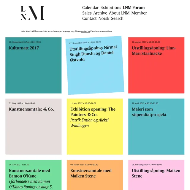 LNM Forum calendar grid with bold color blocks, minimal, corporate-clean, cool