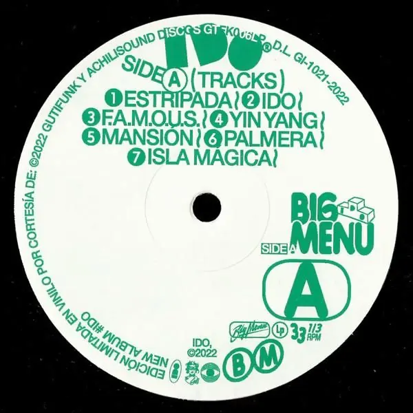 Vinyl record label with radial track listing, minimal, retro, light