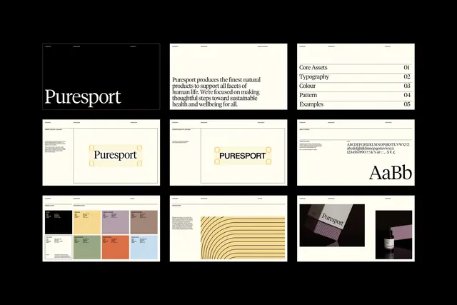 Puresport branding system with minimal color palette, minimal, corporate-clean, light