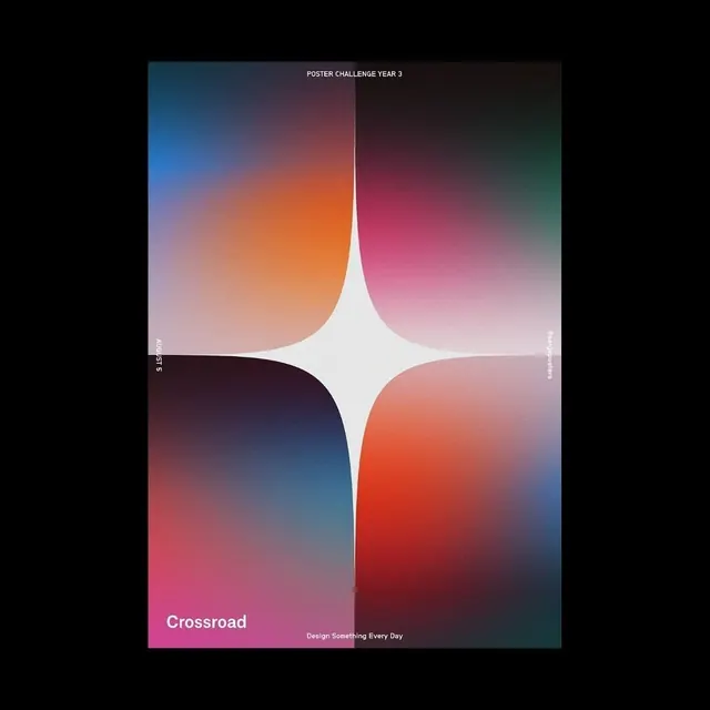Four-quadrant gradient poster with central white curves, minimal, geometric, gradient