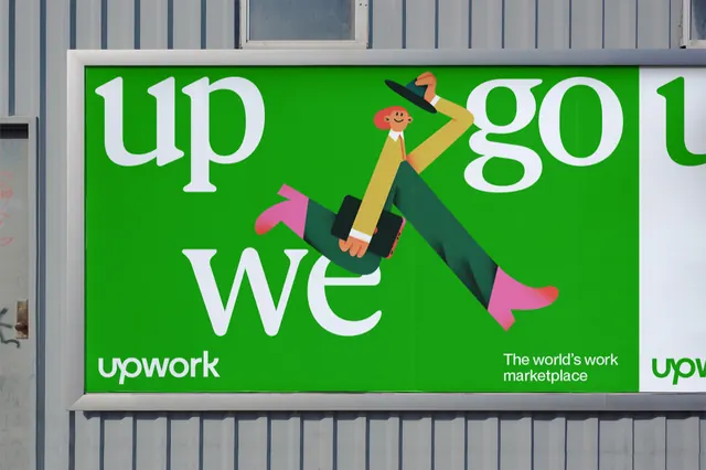 Upwork campaign poster with abstract figures, flat, corporate-clean, vibrant