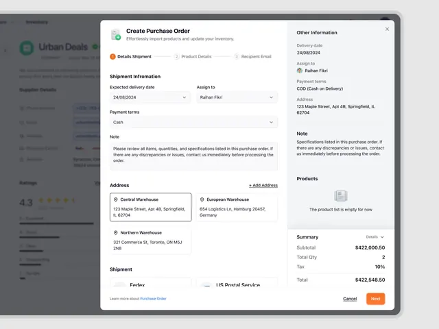 B2B purchase order modal with tabbed form flow, minimal, corporate-clean, light