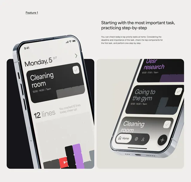App UI mockup with task management screens, minimal, flat, light