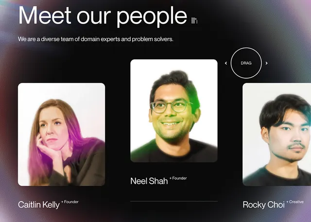 Team showcase with colored gel overlays, minimal, dark-mode, dark